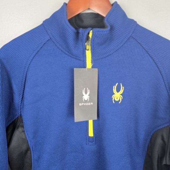 SPYDER Quarter Zip Fleece Lined Pullover Waffle Sweater Blue Black Mens Size L - Picture 2 of 14